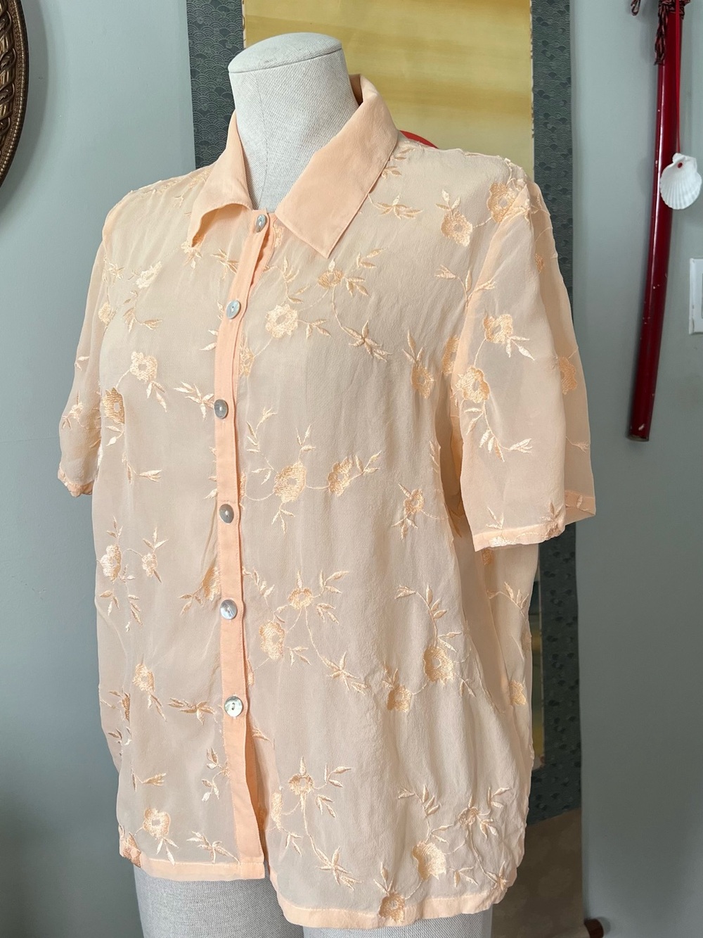 Silk peach embroidered Short Sleeve Shirt